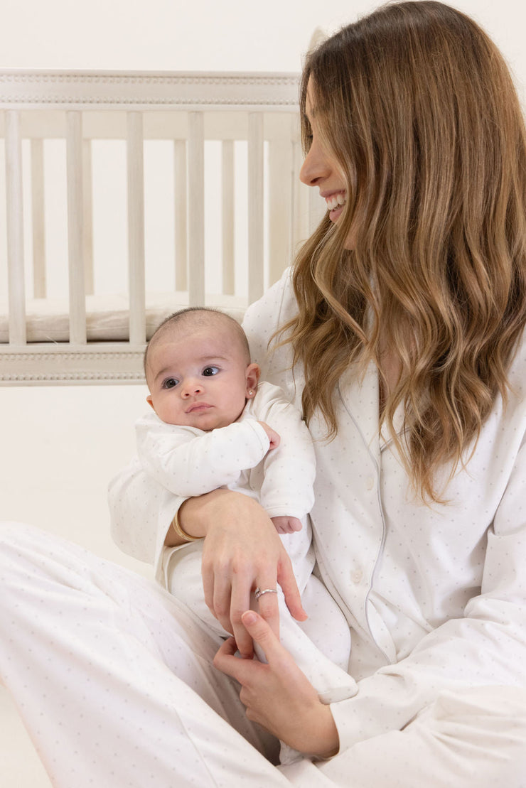BED JACKET GREY DOTS + BABY SLEEPER GREY DOTS