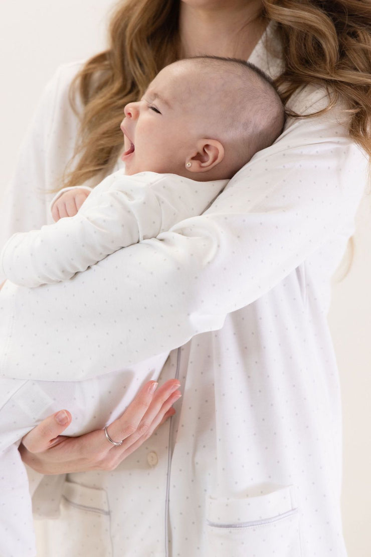 BED JACKET GREY DOTS + BABY SLEEPER GREY DOTS