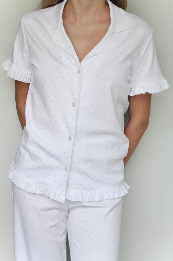 SHORT-SLEEVE RUFFLE GREY DOTS